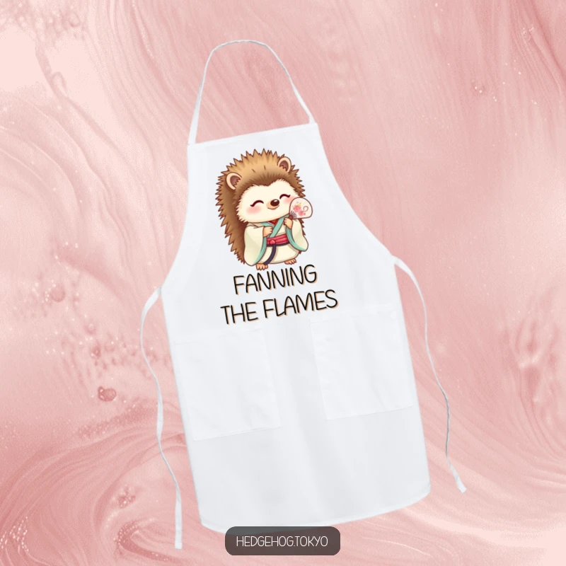 Funny Apron: A sophisticated hedgehog in a kimono holds a fan, bringing serene humor and elegance to kitchen endeavors.
