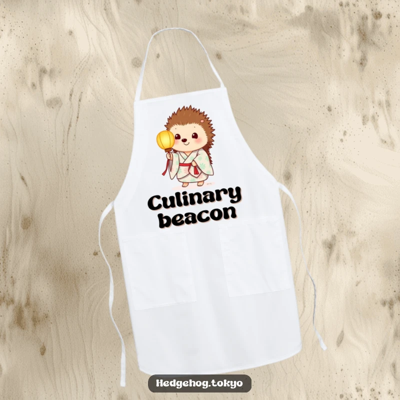 Funny apron with a hedgehog in a summer kimono, holding a softly glowing paper lantern, inspiring creative cooking.