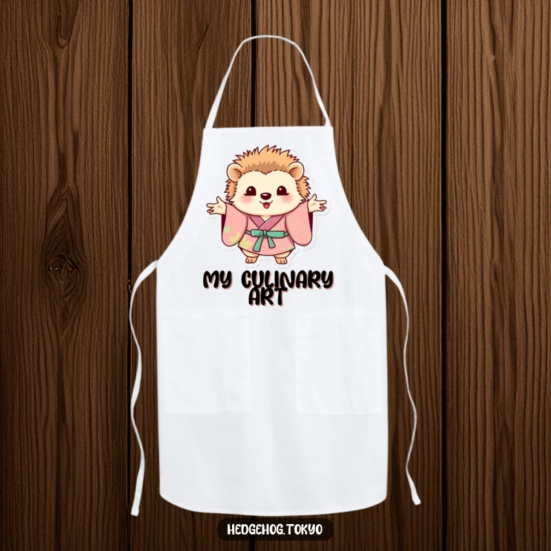 Funny hedgehog in a patterned kimono posing with paws outstretched on a functional kitchen apron.
