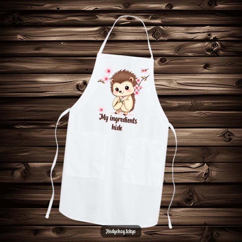 Funny apron with a hedgehog in a kimono, peeking from behind a cherry blossom, adding a touch of fun to cooking.