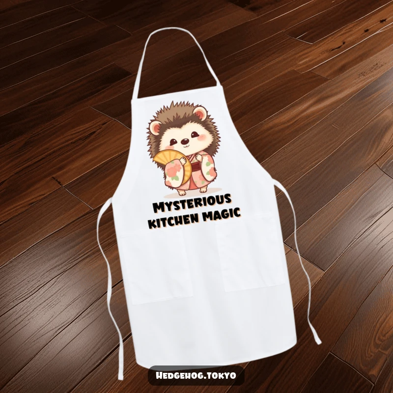 Funny hedgehog in a floral kimono, playfully peeking from behind a fan on a functional kitchen apron.