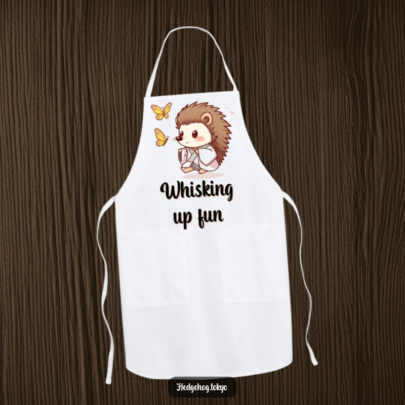Funny Hedgehog Apron: A playful hedgehog in a loose kimono excitedly chases a butterfly, adding playful humor to this kitchen essential.