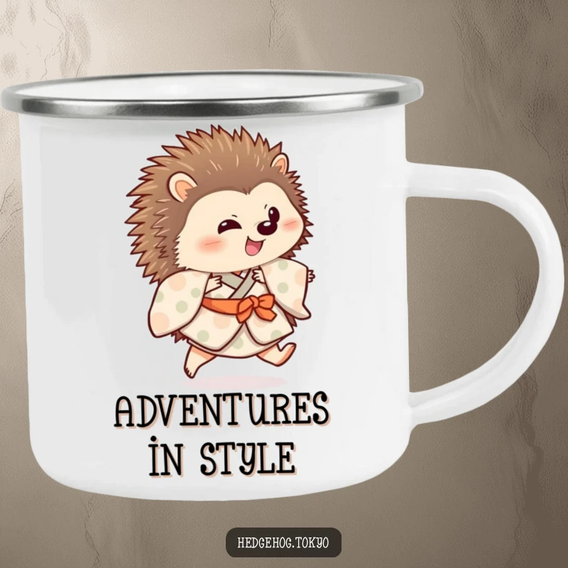 Funny hedgehog wearing a patterned kimono is featured on a camping mug, in a playful hop with one leg extended.