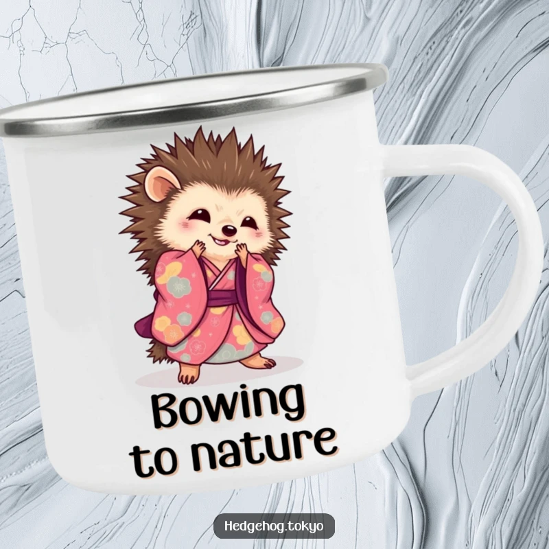 Elegant hedgehog camping mug featuring a creature in a vibrant kimono performing a graceful sweeping bow, suitable for sophisticated outdoor enthusiasts.