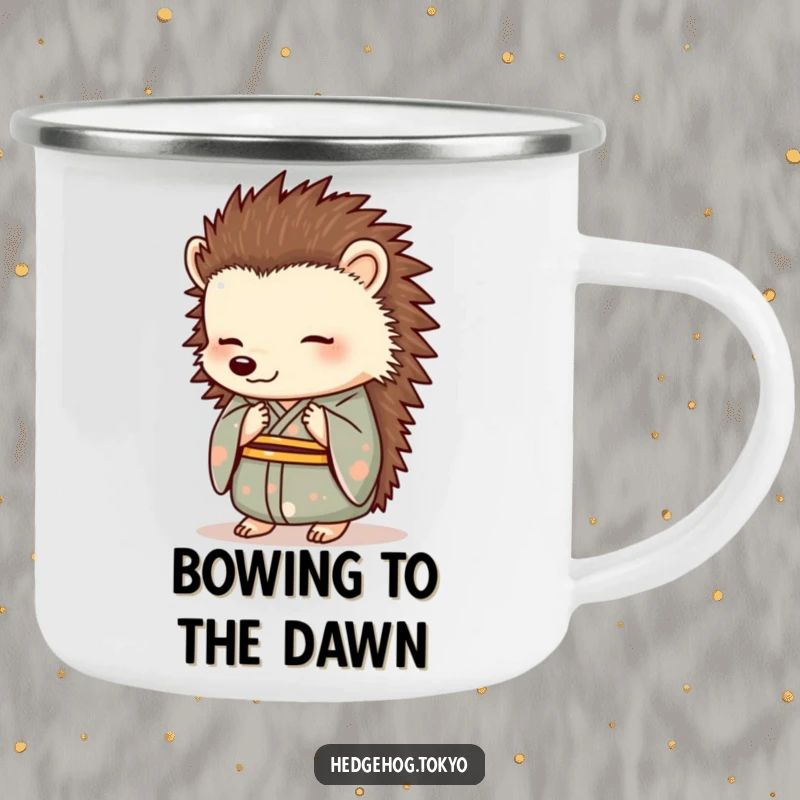 Funny Hedgehog Camping Mug: An elegantly bowing hedgehog in a formal kimono adds sophisticated humor to this durable outdoor mug.