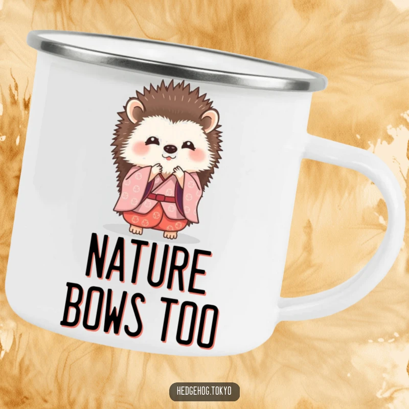 Funny hedgehog in a traditional kimono, doing a tiny, graceful bow on a rugged camping mug.