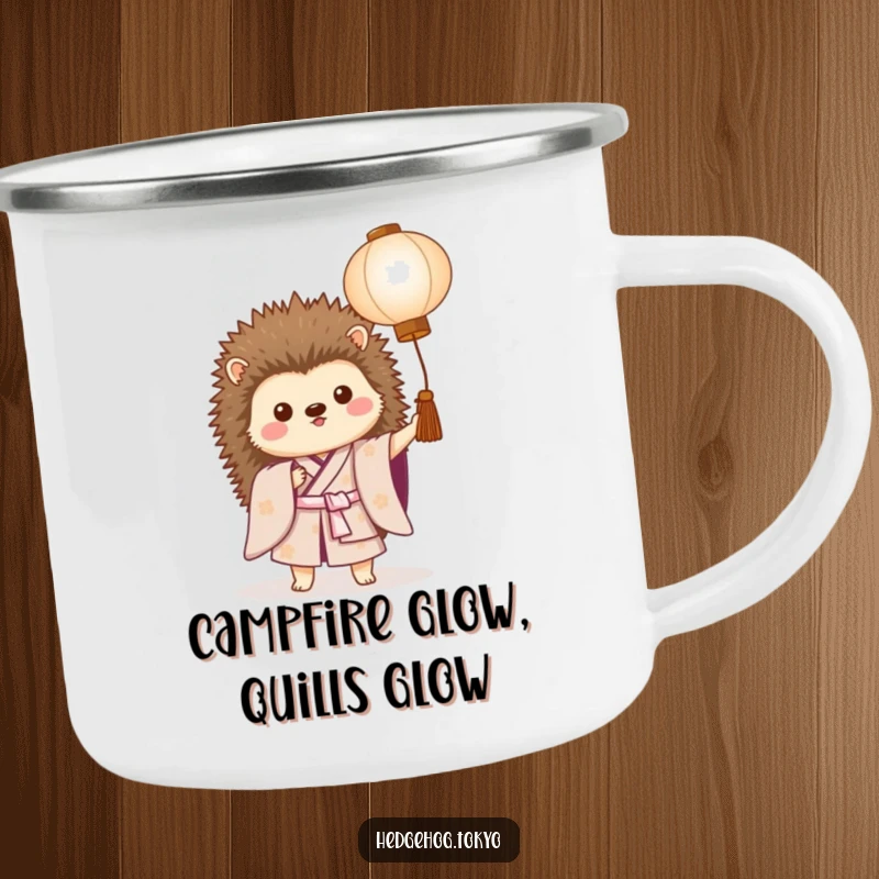 Funny camping mug featuring a proud hedgehog in a kimono holding a lantern, perfect for rugged adventures and morning brews.