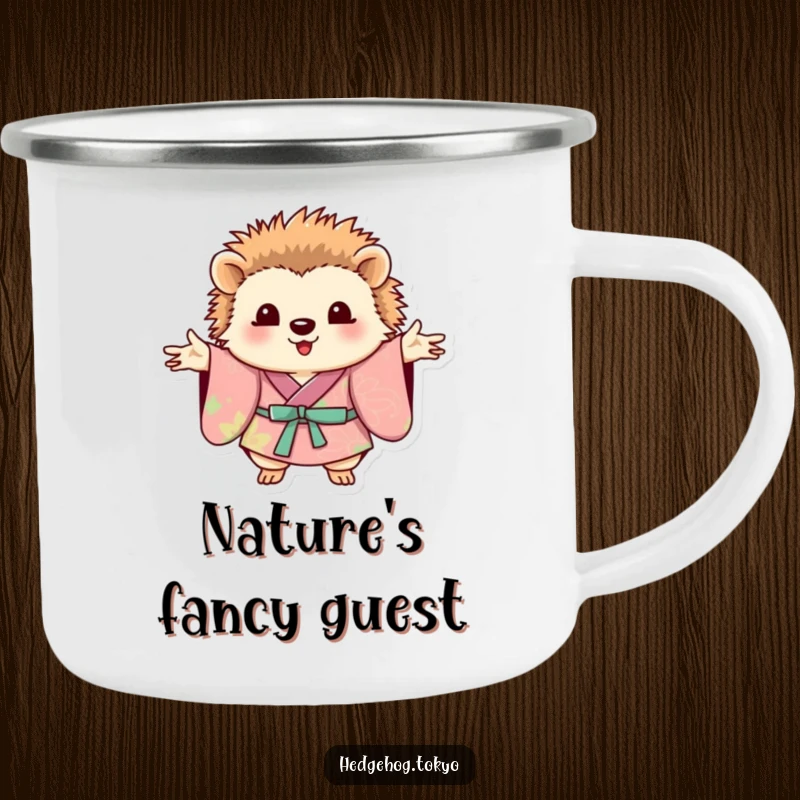 Funny hedgehog in a colorful kimono, posing with paws outstretched on a rugged camping mug.