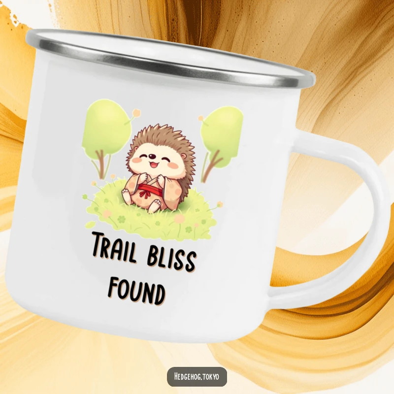 Funny camping mug with a hedgehog in a kimono, joyfully rolling in soft moss, perfect for adventurers.