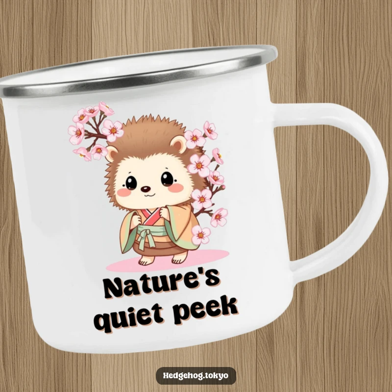 Funny Hedgehog Camping Mug: A curious hedgehog in a kimono peeks from behind cherry blossoms, ready for outdoor adventures with humor.
