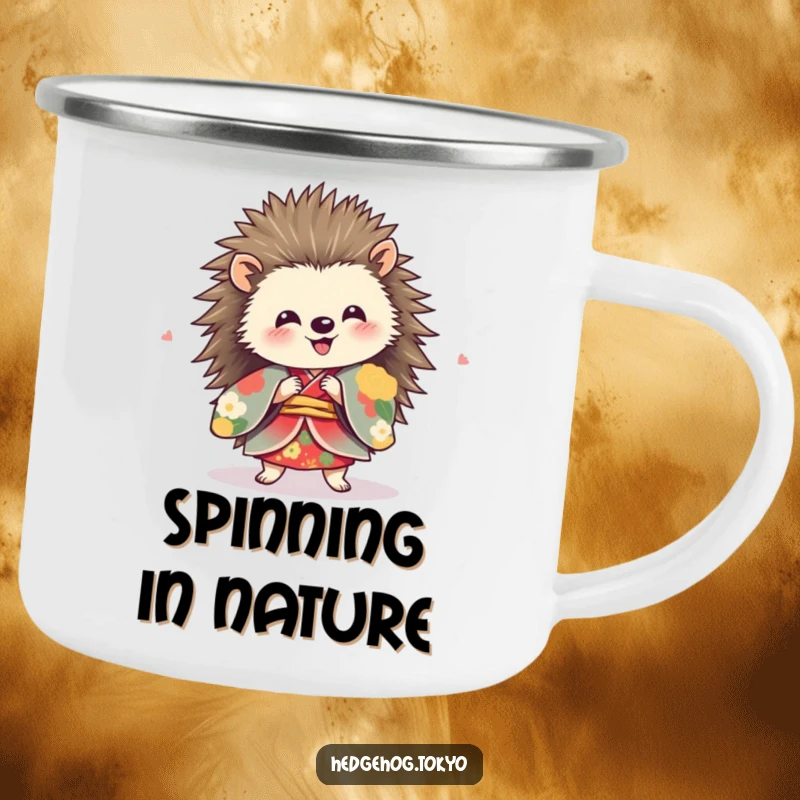 Funny hedgehog in a vibrant kimono, spinning with delight on a rugged camping mug.