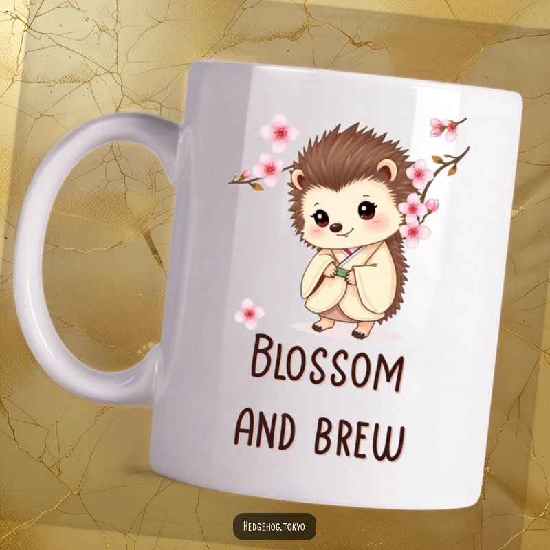 Funny mug showcasing a cute hedgehog in a kimono, peeking playfully from behind a vibrant cherry blossom branch.