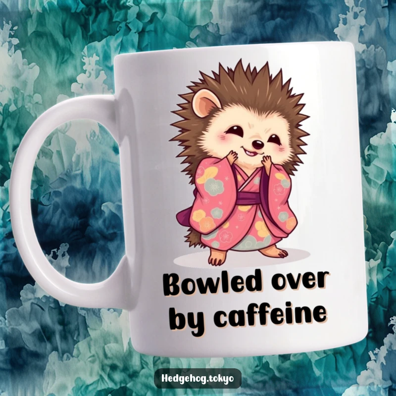 Elegant hedgehog mug featuring a creature in a vibrant kimono performing a graceful, sweeping bow, showcasing poise and style.