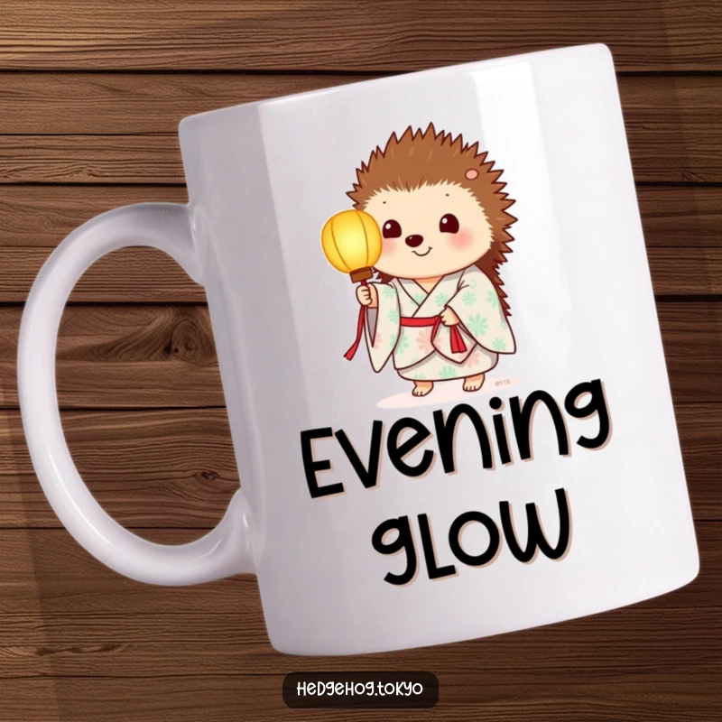 Funny mug showing a hedgehog in a summer kimono, holding a softly glowing paper lantern, radiating warmth and peace.