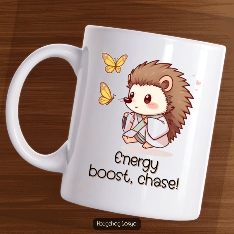 Funny Hedgehog Mug: A playful hedgehog in a loose kimono joyfully chases a fluttering butterfly with bright, excited eyes.