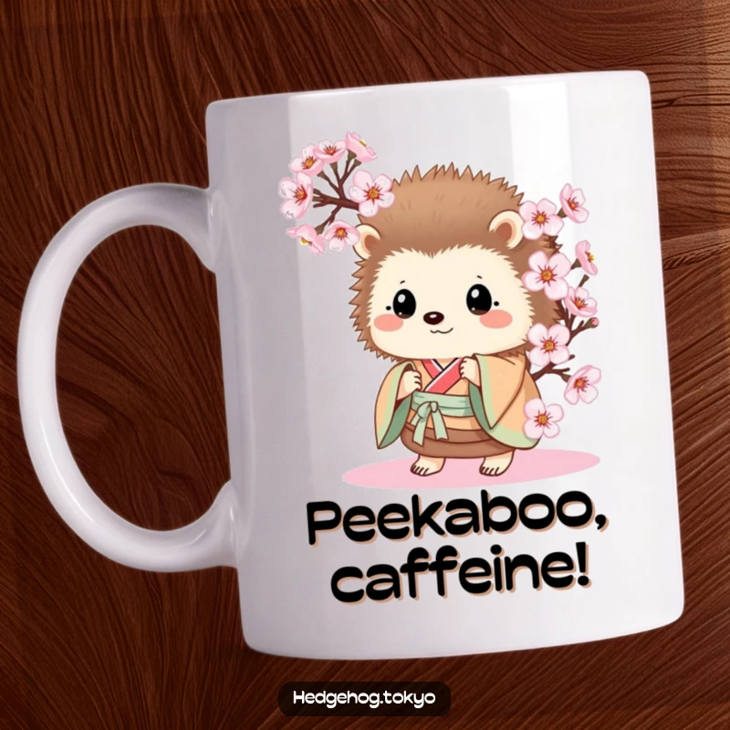 Funny Hedgehog Mug: A curious hedgehog in a kimono peeks from behind delicate cherry blossoms, bringing whimsical humor.