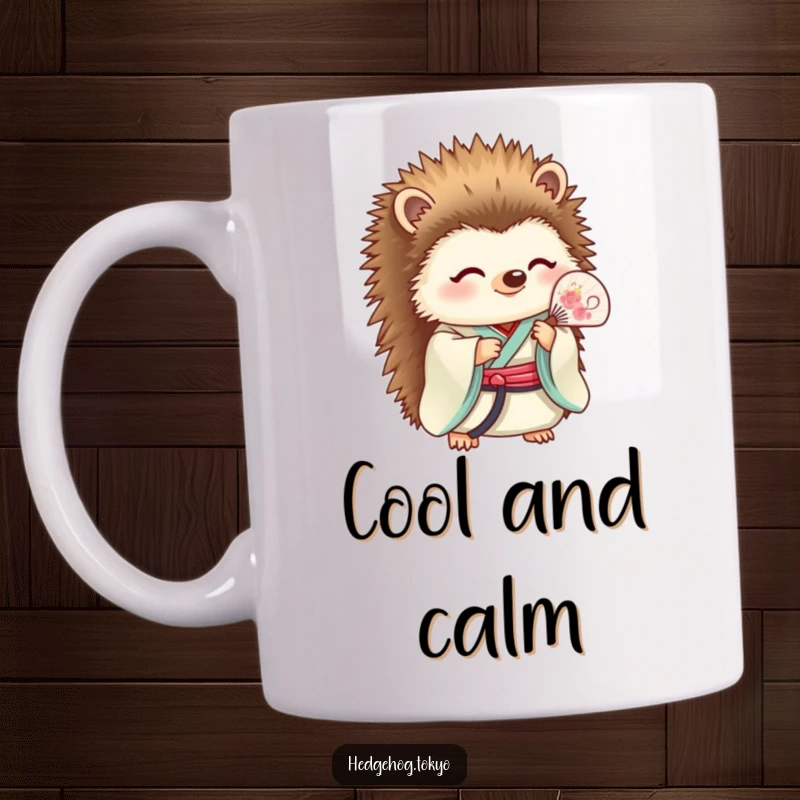 Funny Mug: A serene hedgehog in a kimono gracefully holds a fan, exuding calm elegance with a hint of playful mystery.