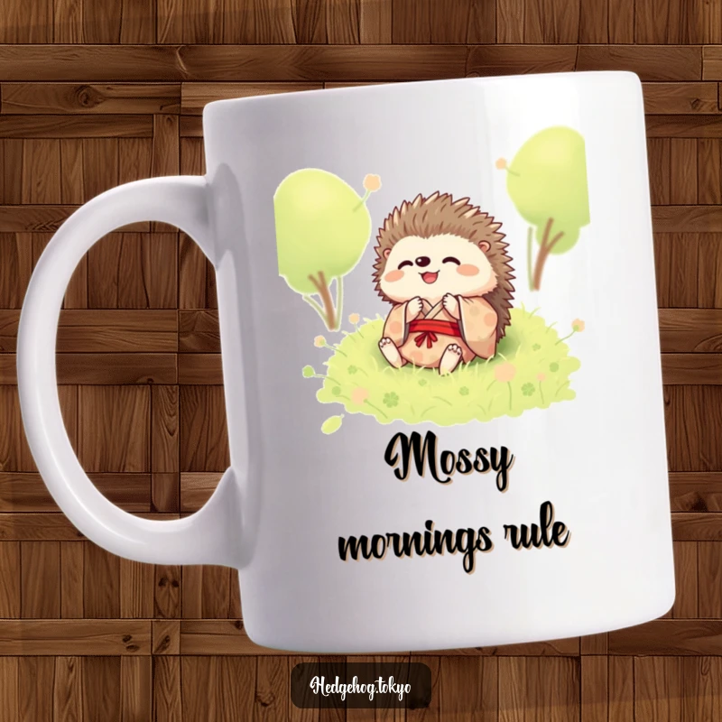 Funny mug featuring a happy hedgehog in a kimono, rolling joyfully in a soft patch of green moss.