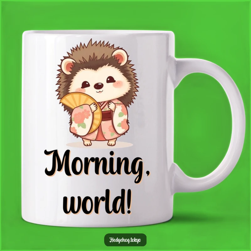 Funny Hedgehog Fan Mug: Playful Peek in Floral Kimono, Adorable Gift