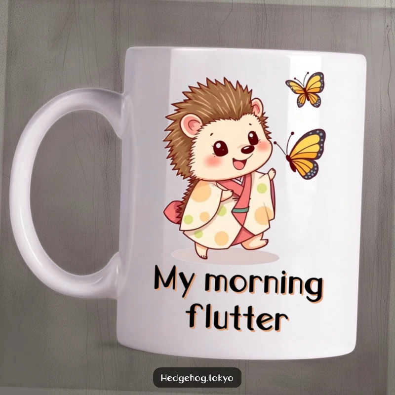 Funny Mug: A joyful hedgehog in a kimono playfully chases a butterfly with ecstatic eyes, showcasing pure delight and adventurous spirit.