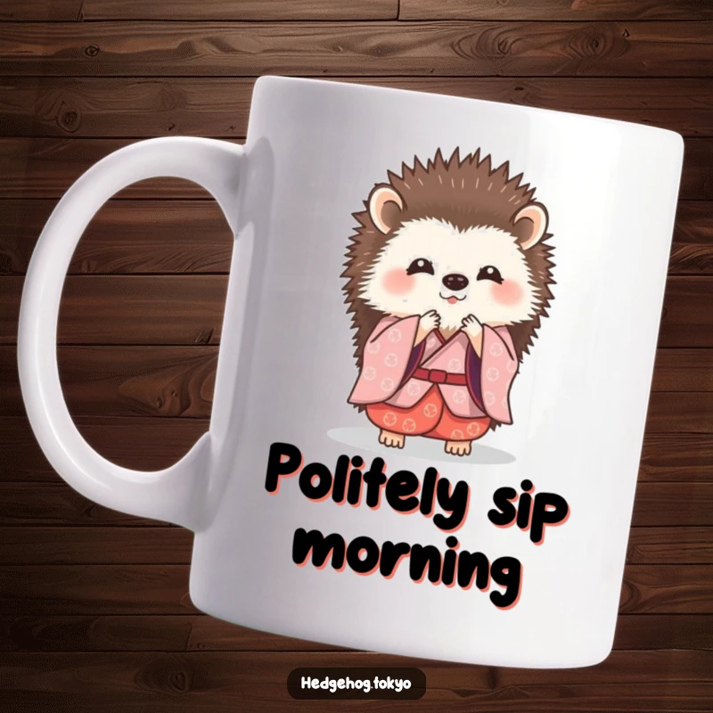 Funny hedgehog in a traditional kimono executing a tiny, graceful bow on a ceramic mug, symbolizing politeness.