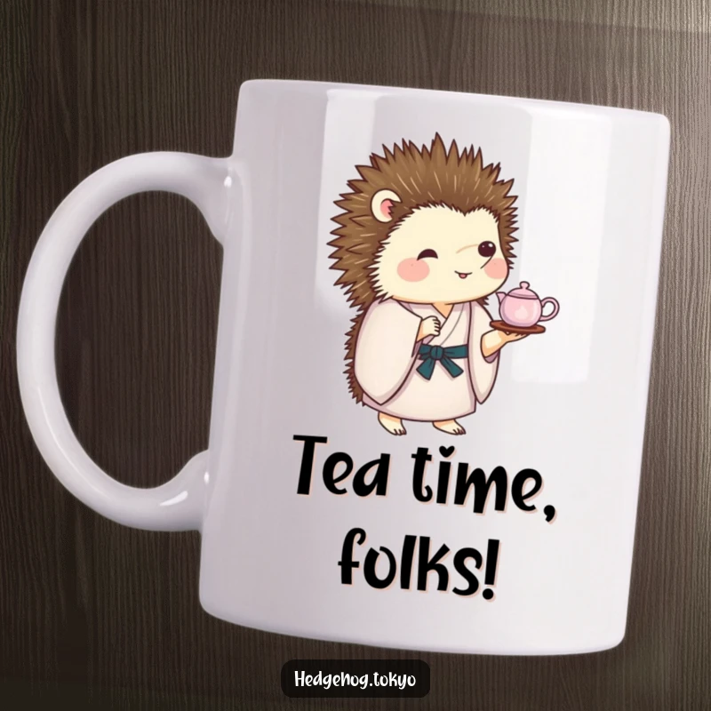 Funny Mug: A hedgehog in a kimono expertly balances a tiny tea set on its spiky back, showcasing impressive poise and humor.