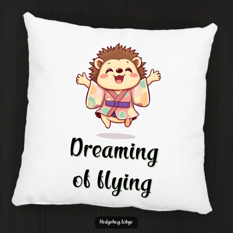 Funny hedgehog pillow showing a cheerful hedgehog in a colorful kimono joyfully leaping mid-air, adding a touch of vibrant whimsy to any room.