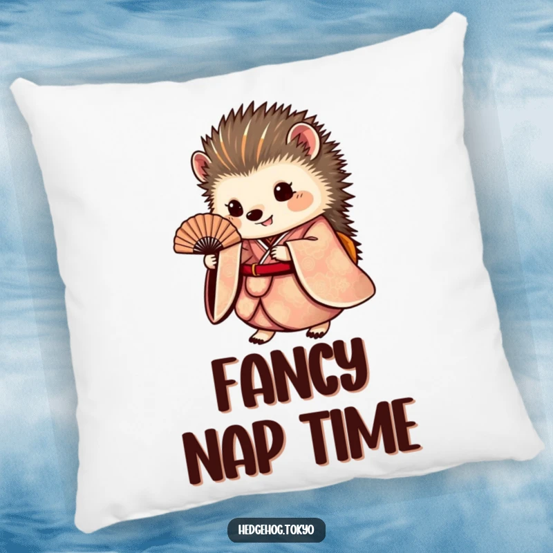Funny hedgehog pillow showing a round hedgehog in an ornate kimono holding a fan, adding a touch of elegant whimsy to any room.