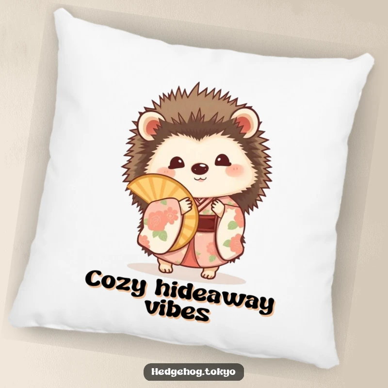 Funny hedgehog in a floral kimono, peeking from behind a fan, depicted on a soft, decorative accent pillow.