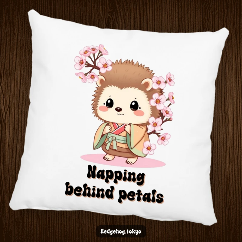Funny Hedgehog Pillow: A cute hedgehog in a kimono peeks from behind cherry blossoms, offering comfort and a dose of humor.