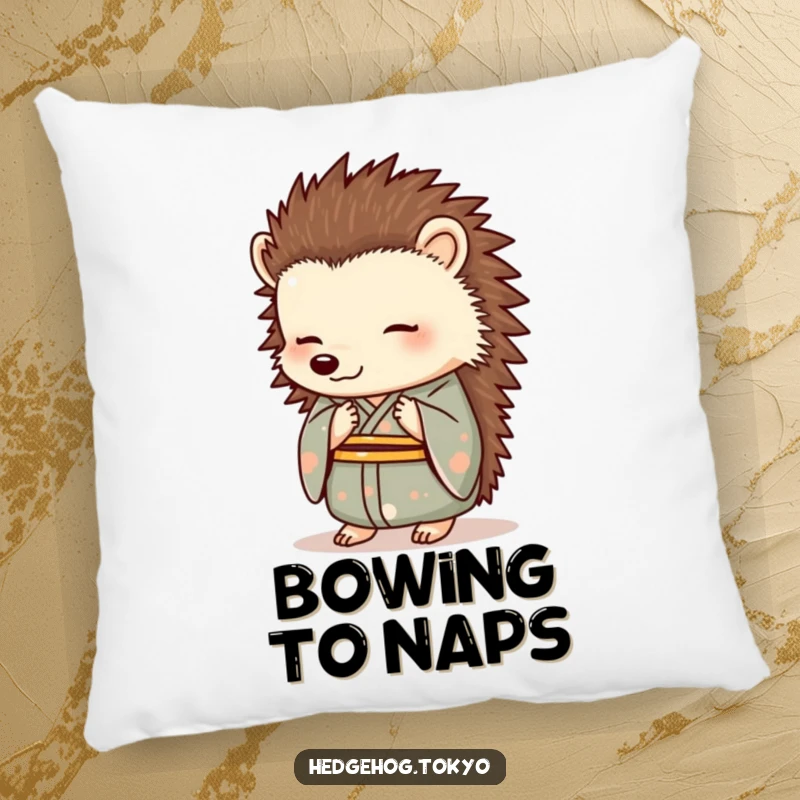 Funny Hedgehog Pillow: A plush pillow featuring an elegantly bowing hedgehog in a kimono, offering comfort and sophisticated humor.