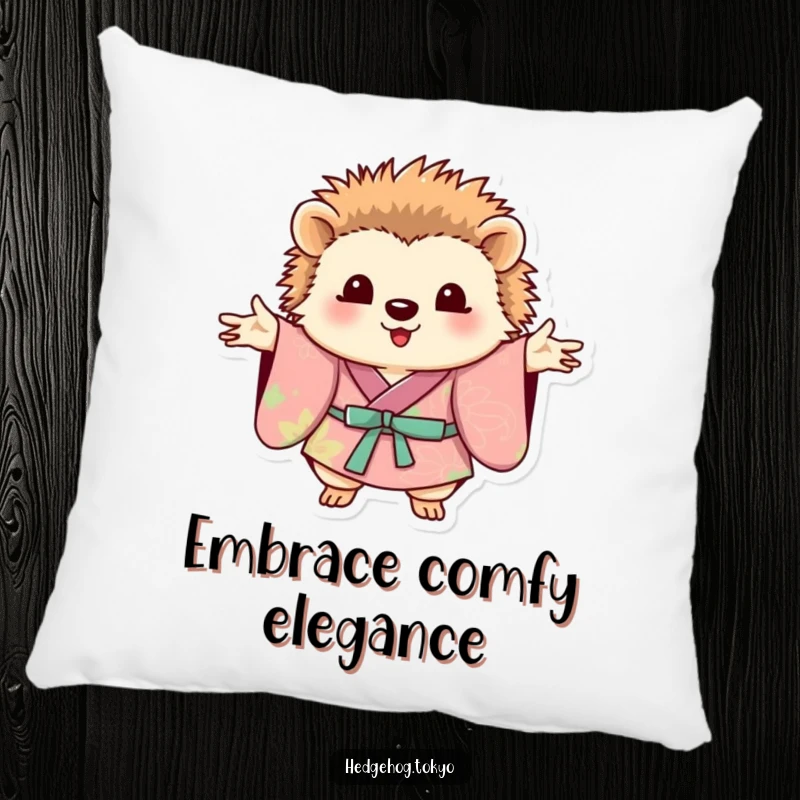 Funny hedgehog in a colorful kimono, posing with outstretched paws, depicted on a soft, decorative pillow.