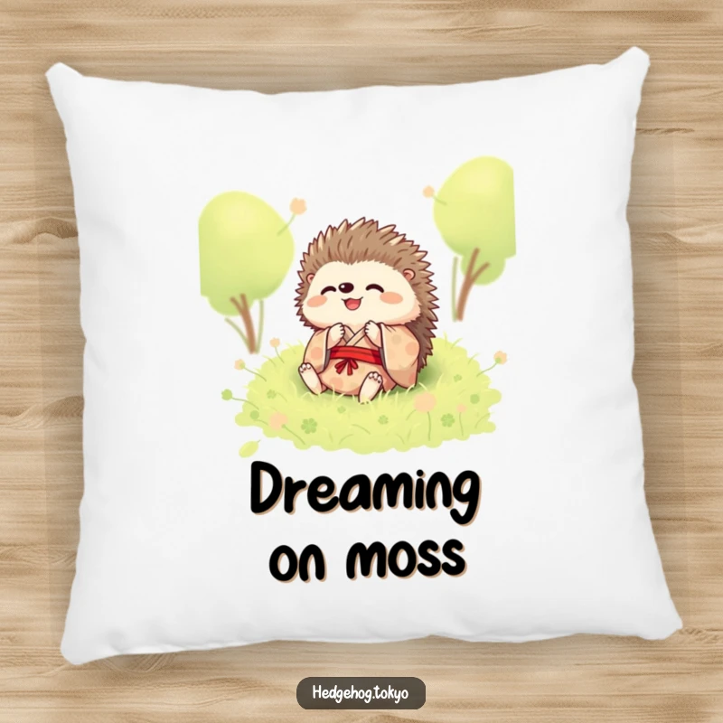 Funny pillow featuring a delightful hedgehog in a kimono, rolling joyfully in soft moss, perfect for cuddling.