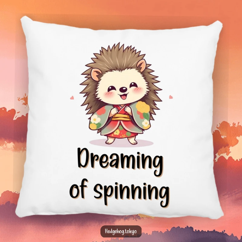 Funny hedgehog in a vibrant kimono, spinning with delight, depicted on a soft, decorative pillow.