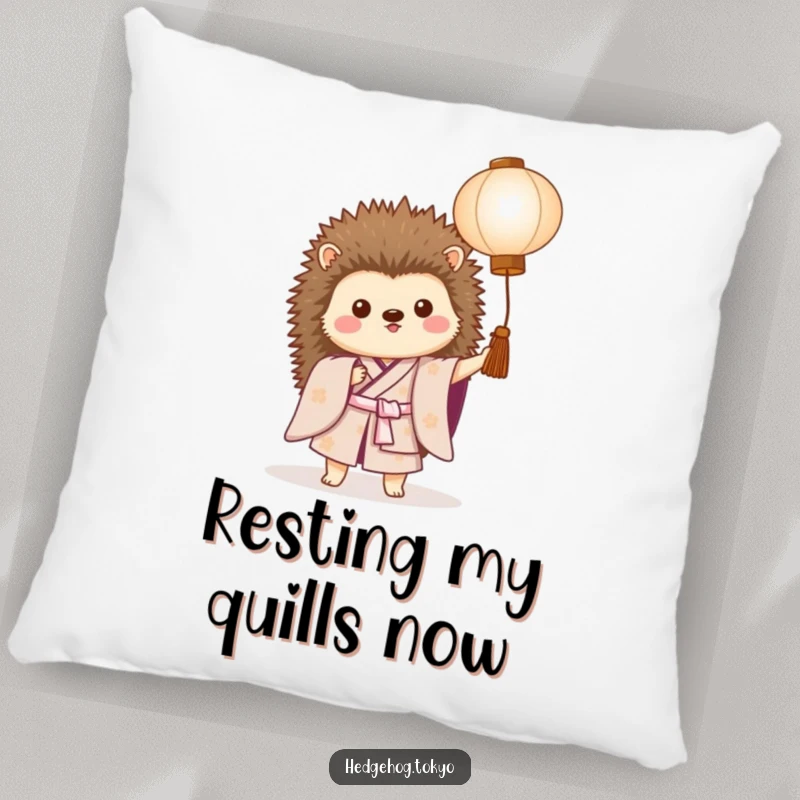 Funny pillow featuring a proud hedgehog in a kimono holding a paper lantern, offering comfort and a dash of quirky humor.