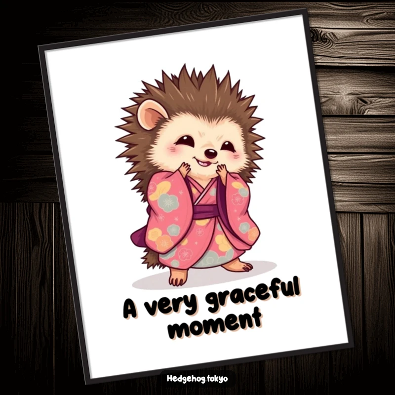 Elegant hedgehog digital art print of a hedgehog in a kimono performing a graceful sweeping bow, adding sophisticated decor.