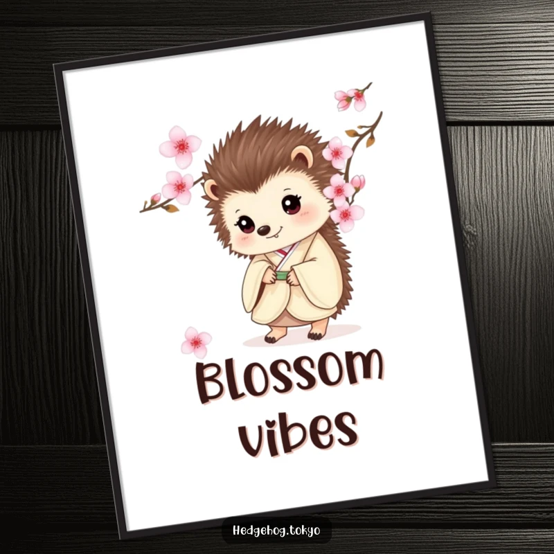 Funny digital art print of a hedgehog in a kimono, peeking from behind a cherry blossom, ready to be framed and enjoyed.