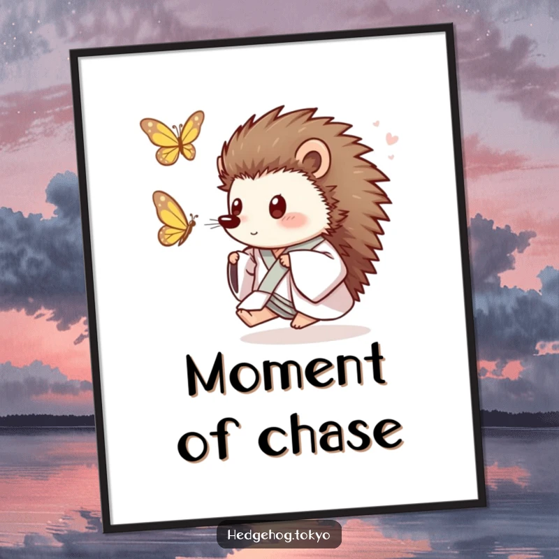 Funny Hedgehog Digital Art Print: A playful hedgehog in a loose kimono joyfully chases a butterfly, capturing a moment of pure, animated humor.
