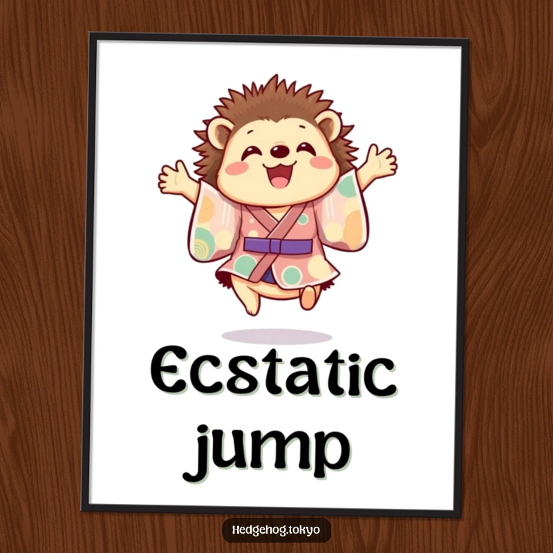 Funny hedgehog digital art print of a cheerful hedgehog in a colorful kimono, joyfully leaping mid-air with paws outstretched, radiating pure happiness.