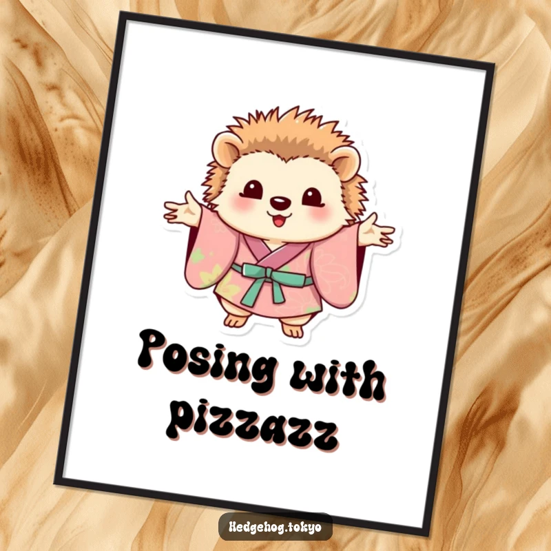 Funny hedgehog in a vibrant kimono, posing elegantly with paws outstretched, available as an instant digital art print.