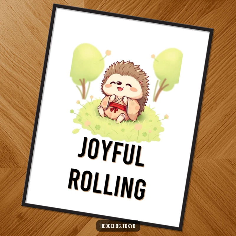 Funny digital art print of a hedgehog in a kimono, joyfully rolling in soft moss, ready to be framed and enjoyed.