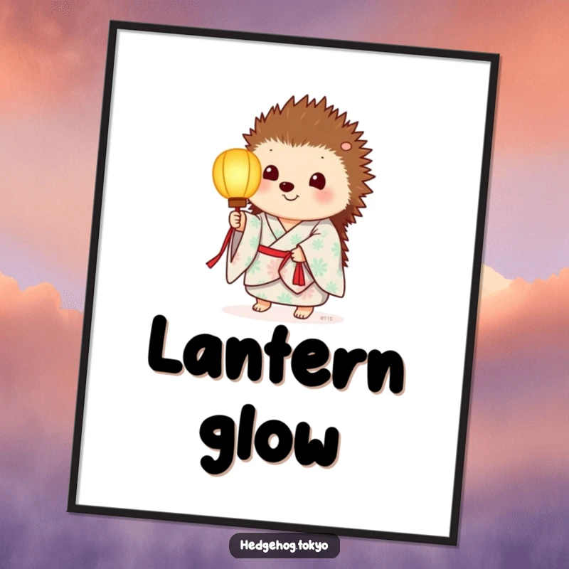 Funny digital art print of a hedgehog in a summer kimono, holding a paper lantern emitting a gentle glow.