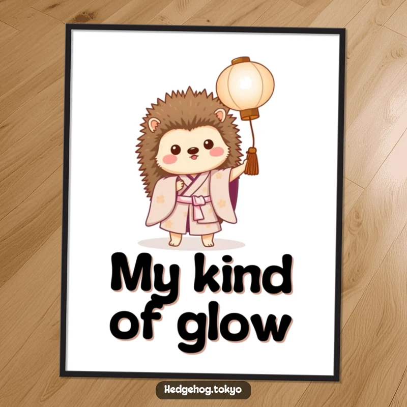 Funny digital art print of a proud hedgehog in a kimono holding a paper lantern, ready to be printed and admired.