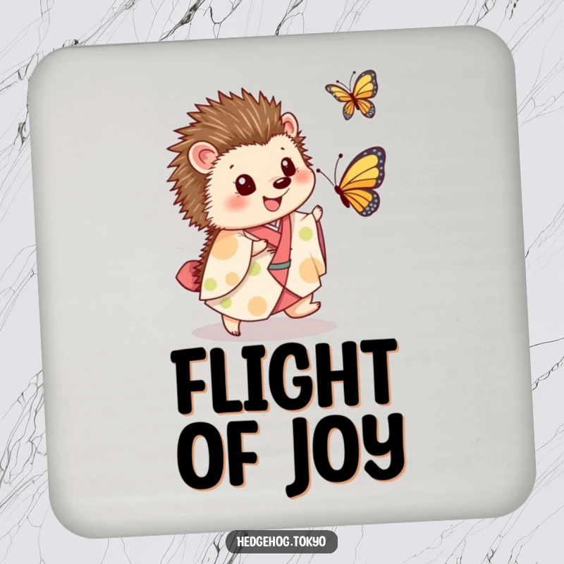 Funny Coaster: A hedgehog in a kimono playfully chases a butterfly, adding a touch of whimsical humor to protect your surfaces.