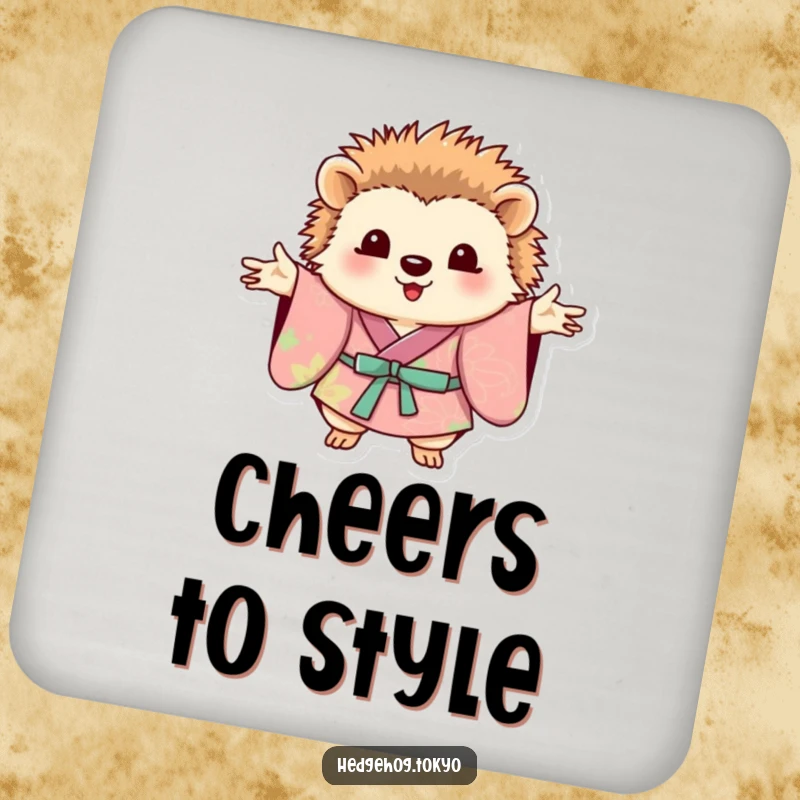 Funny hedgehog in a patterned kimono posing with outstretched paws on a protective drink coaster.