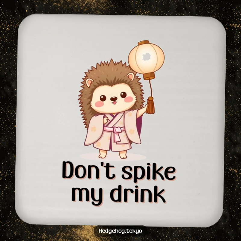 Funny drink coasters showcasing a proud hedgehog in a kimono holding a lantern, protecting surfaces with humorous flair.