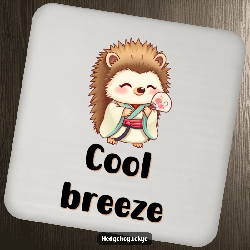 Funny Coaster: A tranquil hedgehog in a kimono holds a fan, offering serene style and subtle humor to protect your furniture.