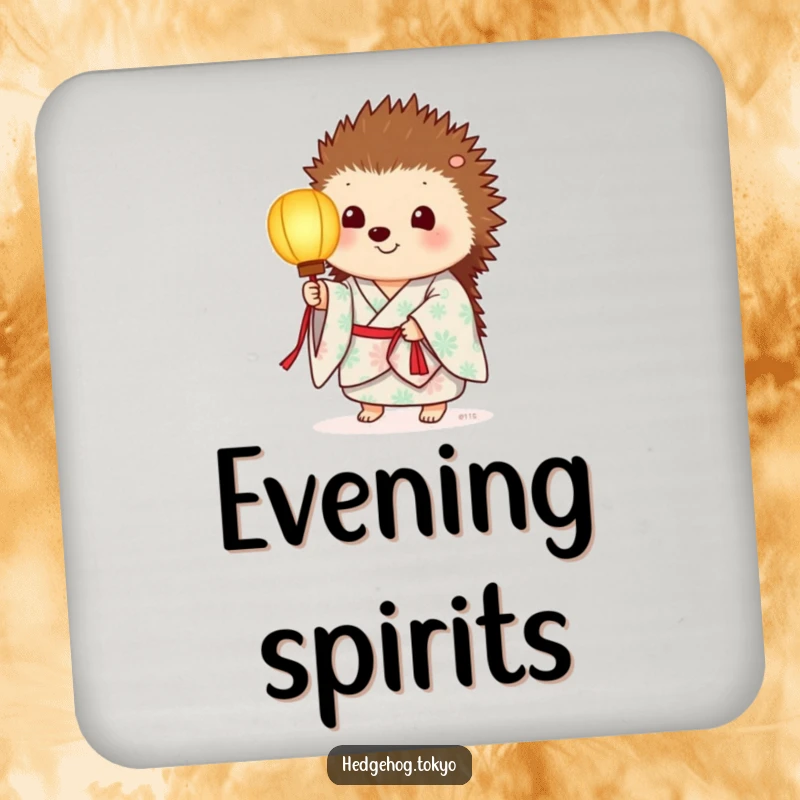 Funny drink coaster with a hedgehog in a summer kimono, holding a softly glowing paper lantern, adding ambient humor.