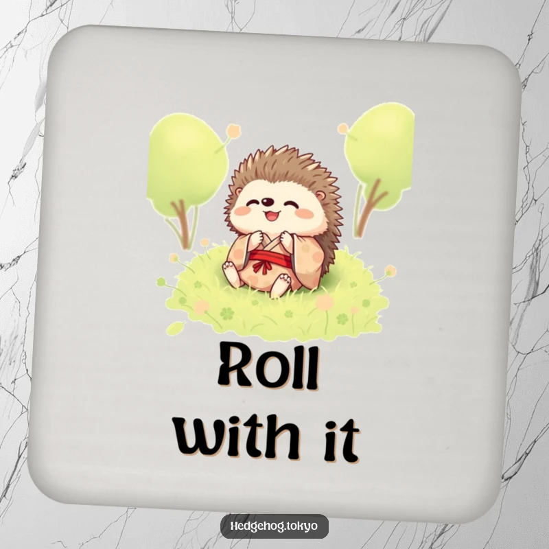Funny drink coaster with a hedgehog in a kimono, joyfully rolling in soft moss, adding humor to your tabletop.