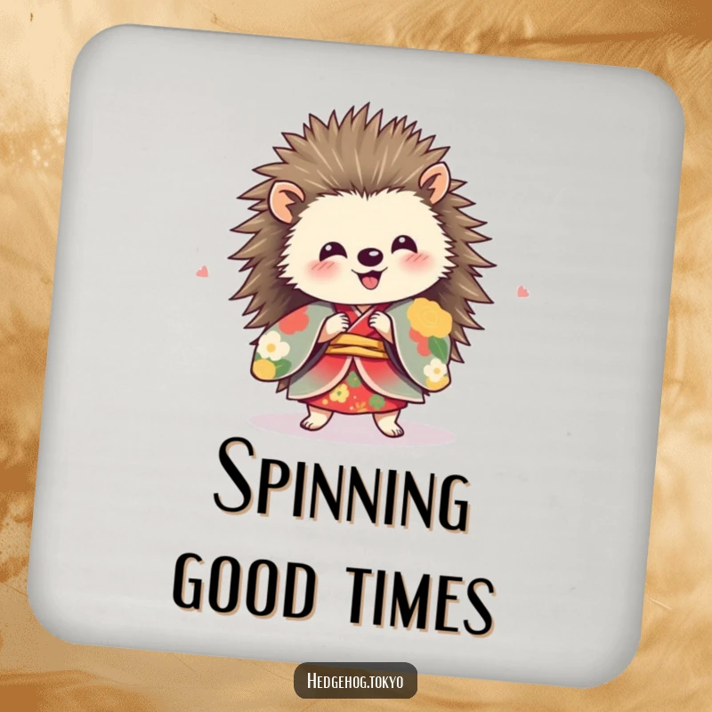 Funny hedgehog in a vibrant kimono, spinning with delight on a protective drink coaster.